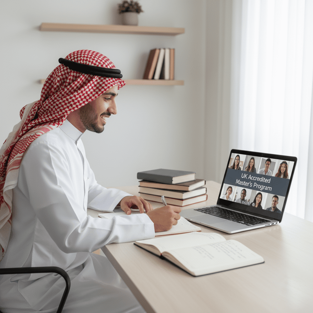  طالب سعودي يرتدي الثوب والغترة يدرس أونلاين للحصول على ماجستير معتمد. 